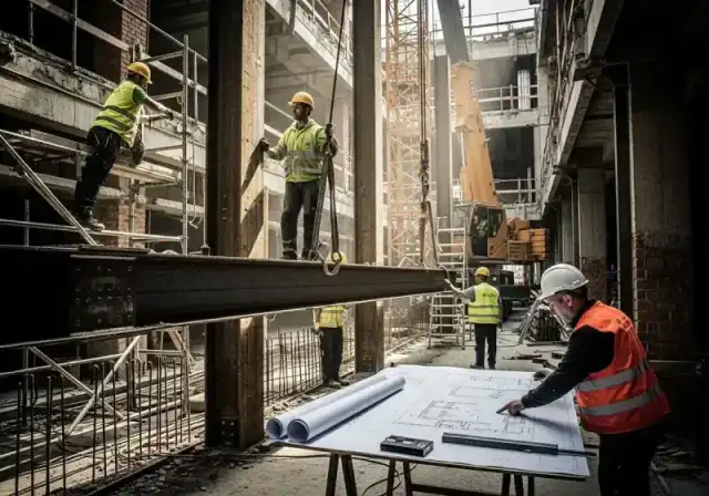Einbau eines Stahlträgers auf der Baustelle